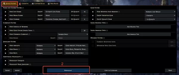 Loading item filter in PoE 2 game settings