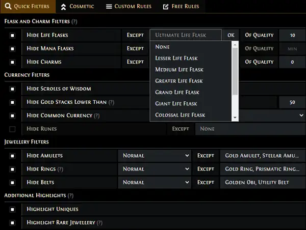 Loot filter settings with visual customization.